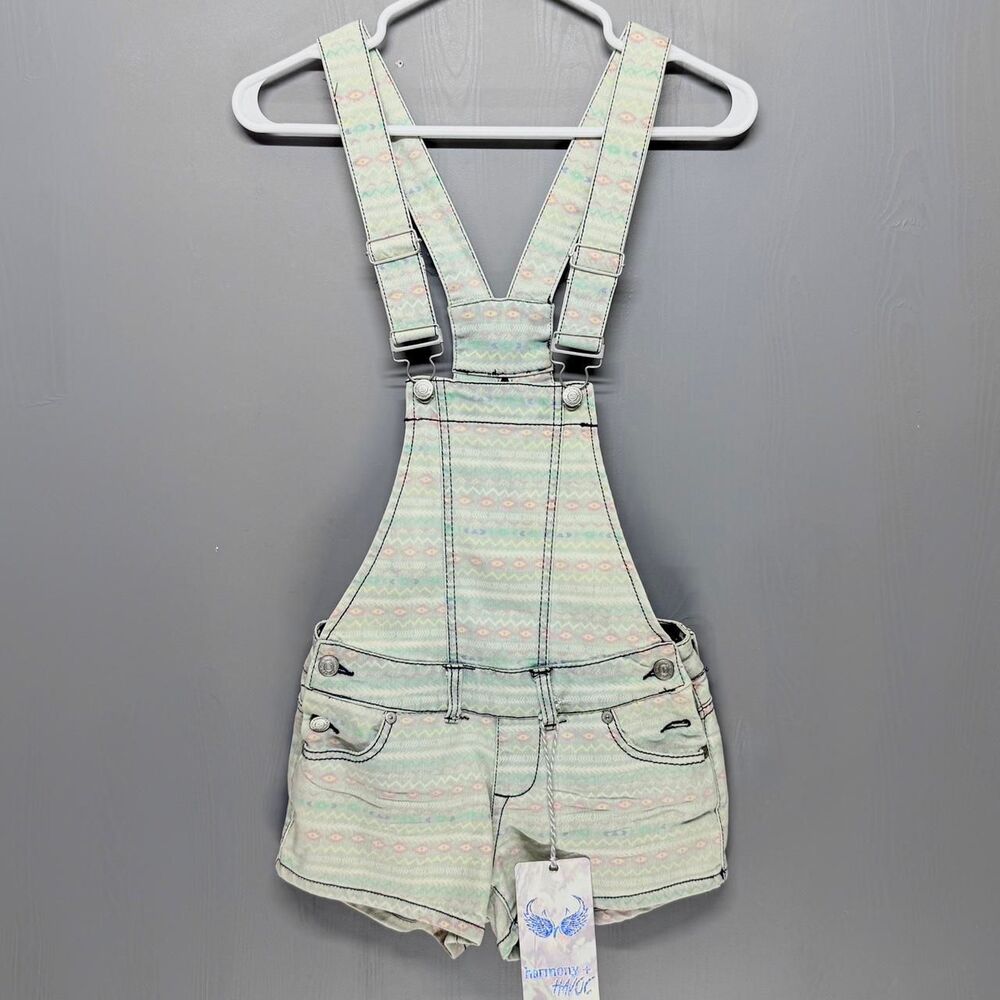 Harmony + Havoc Pastel Tribal Print Denim Overall Shorts | Size 0 NWT